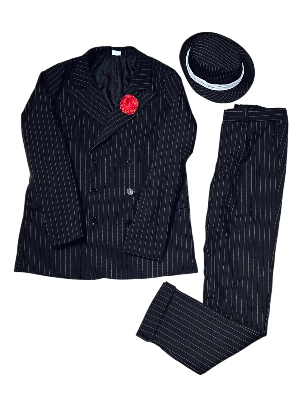 Men's 1920's Gangster Double Breasted Pinstripe Suit Jacket Pants & Hat Costume